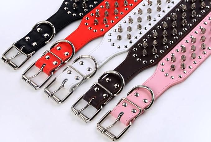 Serijoars Spiked Studded Dog Collar, PU Leather Dog Collar, Adjustable Pet Collars for Medium or Large Breed Pet (M, White)