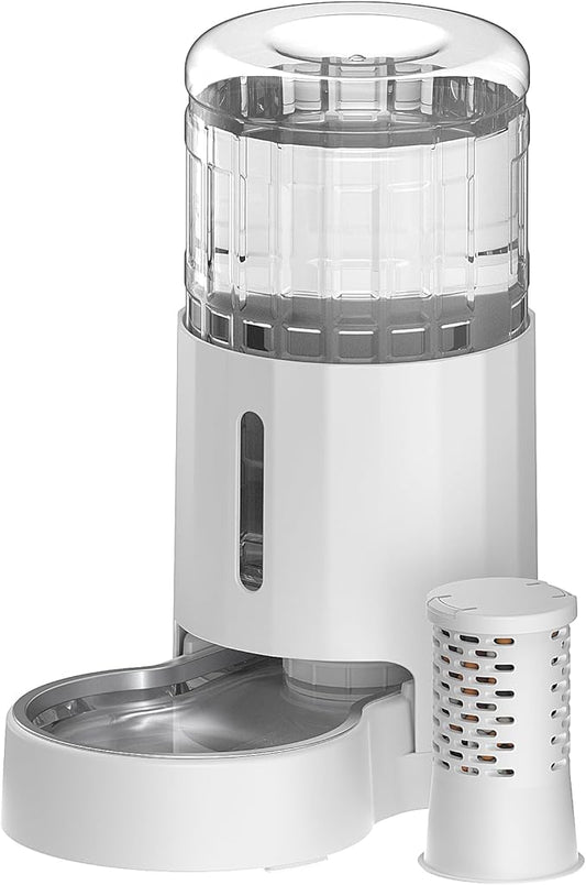 CZPET Automatic 4L Filter Dog and Cat Water Dispenser with Stainless Steel Bowl Gravity Waterer,Large Capacity and Drinking Area Noise-Free for Pets(White)