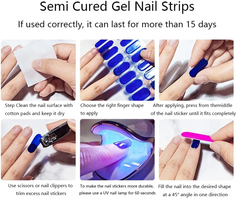 Semi Cured Gel Nail Strips with Heart/Love Designs Gel nail stickers Purple Glitter Nail strips stickers Salon Quality & Easy to Use 20 Pcs for Women