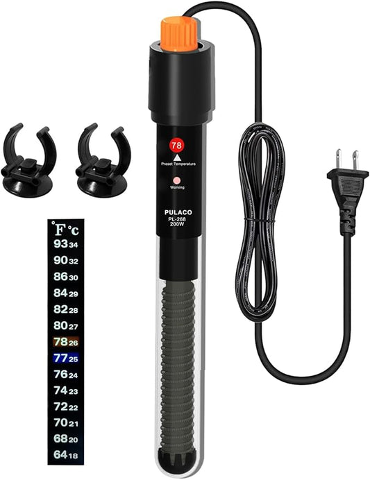 PULACO 200Watt Aquarium Heater for 25-50 Gallon Fish Tank, Adjustable Submersible Heater Thermostat with Thermometer Strip and Suction Cup