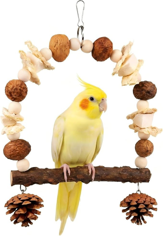 Bird Swing Toy with Cuttlebone & Corn Husks - Hanging Parrot Perch with Chewing Pine Cones - Cage Shredding Accessories for Cockatiels Parakeets Conures Budgies