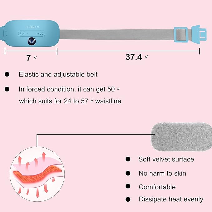 Portable Cordless Fast Heating Pad, Electric Waist Belt Device with 3 Heat Levels and 3 Massage Modes, Back or Belly Heating Pad for Women and Girl