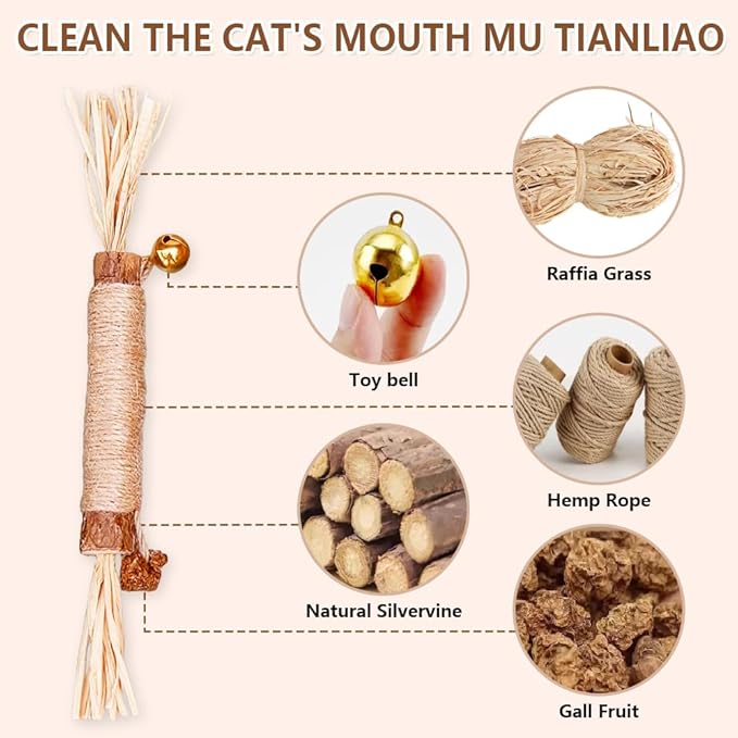 Natural Dried Matatabi Cat Chew Stick with Gall Fruit, Raffia Grass & Cat Bell Ball Toys, Handmade Silvervine Sticks Interactive Catnip Toys for Teething & Entertainment (Size L Color D)