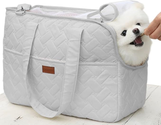 Grey Small Puppy Carrier Purse,Woman Style Pets Bag for Cat Kittens Multiple Pockets,Breathable Mesh Soft Cushion,Travel Outdoor Picnic Pets Totes,MAX 6 lb (Grey, Small)