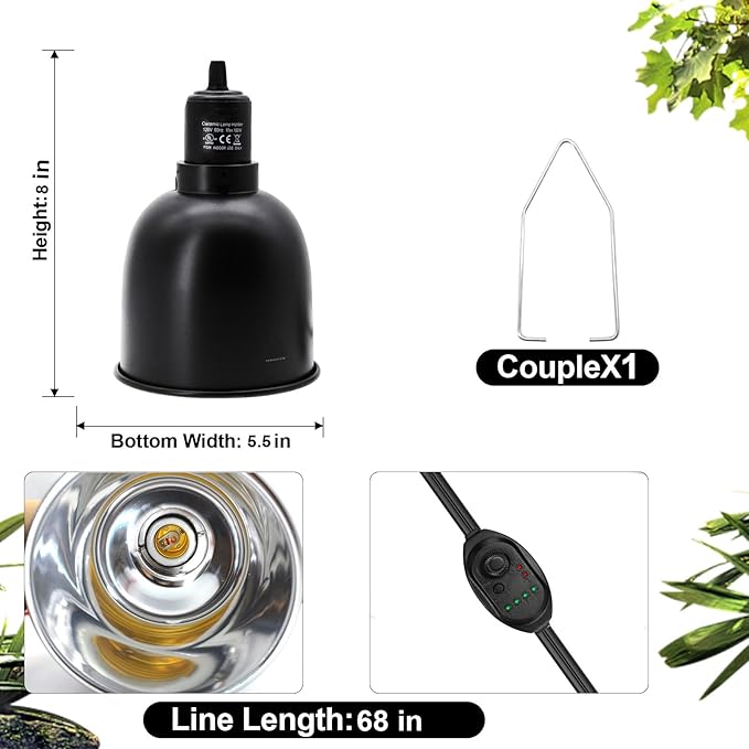 Reptile Light Fixture with Dimming Switch and Timer, 5.5 Inch Deep Dome Reptile Heat Lamp Fixture, Reptile Lamp Fixture Cap for UVB Bulb Basking Heat Bulb for Reptile Glass Terrariums, 1PCS