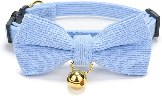 Cotton Breakaway Kitten Collar with Bow Tie and Bell Adjustable Cute Soft Corduroy Cat Collars for Small Cats(Blue,XS)
