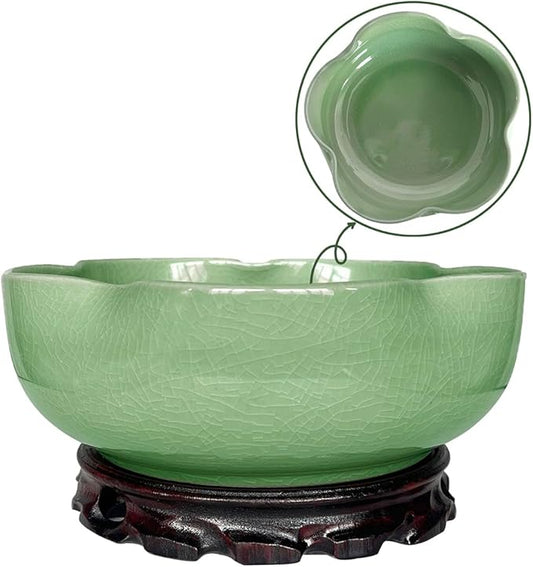 MUZHI Green Ceramic Water Lotus Flower Bowl Planter with Solid Wood Tray, Elegant Hole-Free Ice Crack Hydroponic Water Lily Bowl Pot with Stand 7.8”