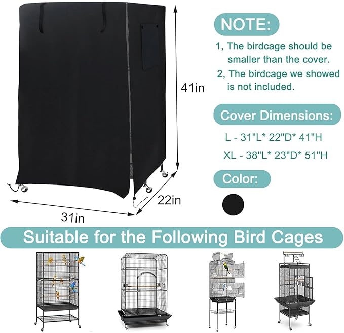 Universal Bird Cage Cover, Dark Colored Drape for Animal Crate, Waterproof & Washable Night Cover for Cages, Distraction and Light Eliminator for Mink, Totoro, Parakeets, Parrot (L - 31”L×22”W×41”H)