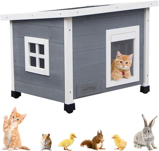 Outdoor Wooden Pet House, Weatherproof Winter Shelter for рuррy and Cats, Elevated Design with Window (Gray)