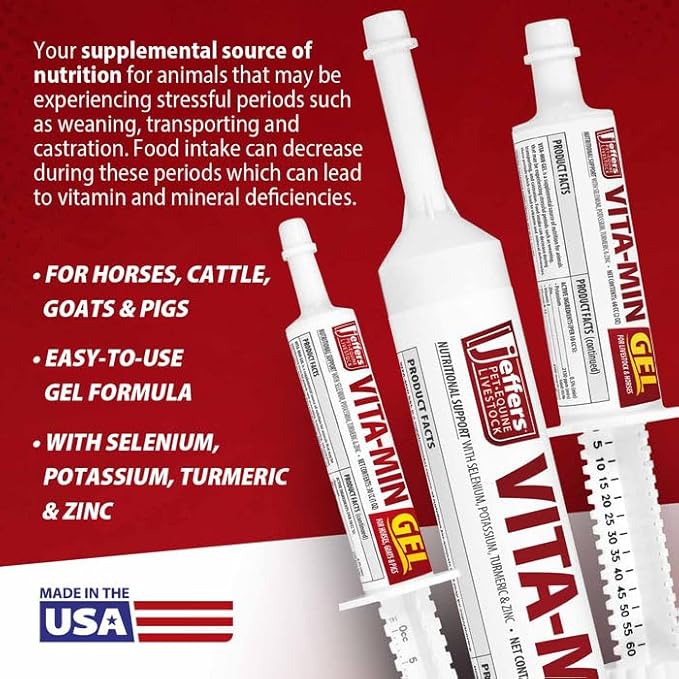 Jeffers Vita-Min Gel for Livestock & Horses – Multivitamin & Mineral Supplement with Selenium, Zinc, Potassium & Turmeric – Easy Oral Gel for Cattle, Goats, Sheep & Pig – 300 cc Tube - 3 Pack