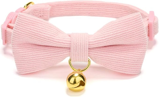 Cotton Breakaway Kitten Collar with Bow Tie and Bell Adjustable Cute Soft Corduroy Cat Collars for Small Female Cats(Pink,XS)