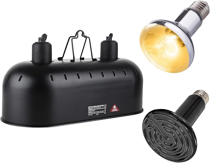 DXOPHIEX 15 inch Dual Reptile Light Fixture, Max 150W Dual Reptile Heat Lamp Fixture with 100W UVA UVB Sun Light & Ceramic Heat Emitter,Double Dome Lamp for Terrarium and Tortoise Habitat