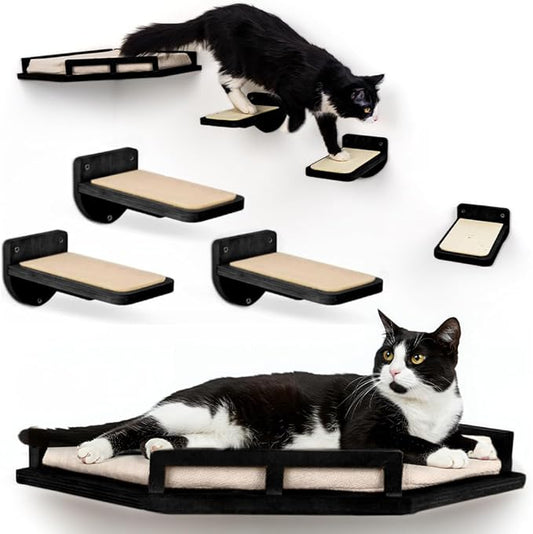 INICIO Cat Wall Shelves - Modern and Durable 3 Step Cat Furniture for Wall - Stylish Birch Floating Shelf for Cats up to 15lbs - Wooden Corner Shelves with Cushioned Perch - Black