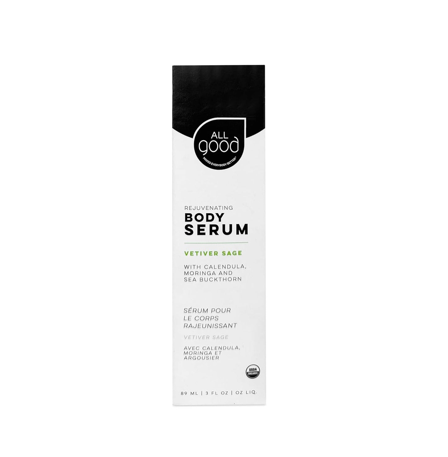All Good Rejuvenating Body Serum for Men & Women - Calendula, Moringa, Sea Buckthorn & Essential Oils - Lightweight, Moisturizer & Replenishing Serum - Made in USA - 3oz (Clary Sage & Vetiver)