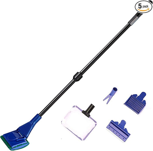 Aquarium Cleaning Tools Kit 5 In 1 Function for Long Deep Fish Tank, Adjustable Length Rod, Including Algae Scrape, Cleaning Sponge, 3.9" Small Fishnet, Gravel Rake, Plant Fork