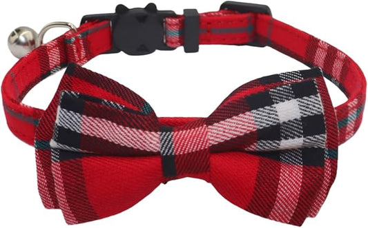 THAIN Cat Collar Breakaway with Bell and Bow Tie Safety Buckle Red Plaid Pattern Adjustable 7-11 inches for Kitten Cats(Red Plaid)