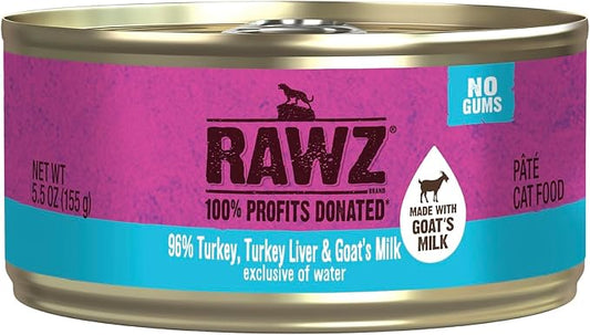 Rawz Natural Premium Pate Canned Cat Wet Food - Made with Real Meat Ingredients No BPA or Gums - 5.5oz Cans 24 Count (Turkey & Turkey Liver with Goats Milk)