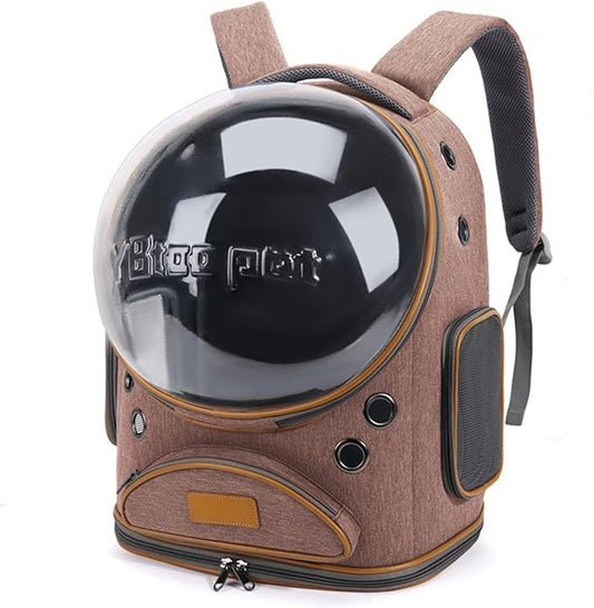 Cat Backpack Carrier, Breathable Cat Carrier Large Space Bubble Pet Backpack for Small Dog and Large cat up to 18lbs, Transparent & Foldable Pet Carrier for Travel Hiking (Brown)