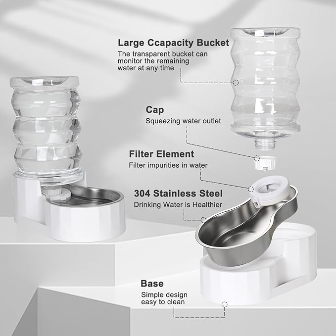 RIZZARI Automatic Gravity Pet Waterer: 7L White Stainless Steel Water Dispenser - Large Capacity Water Feeder for 25-35 LB Senior Dogs with Spinal Issues - for Living Room Bedroom