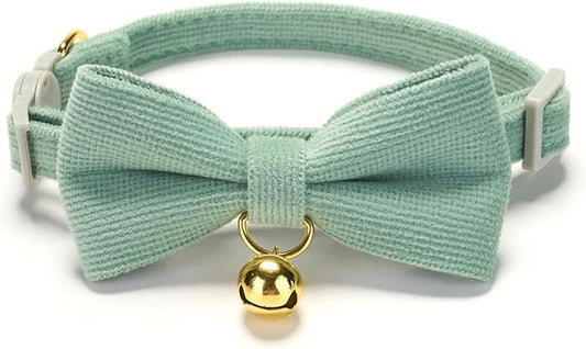 Cotton Breakaway Kitten Collar with Bow Tie and Bell Adjustable Cute Soft Corduroy Cat Collars for Small Cats(Grass Green,XS)