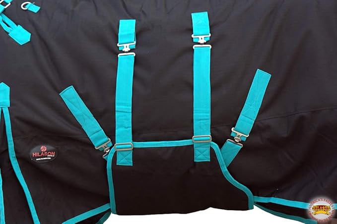 HILASON Black with Turquoise Trims 81 inch 1200D Winter Waterproof Poly Horse Turnout Blanket Belly Wrap