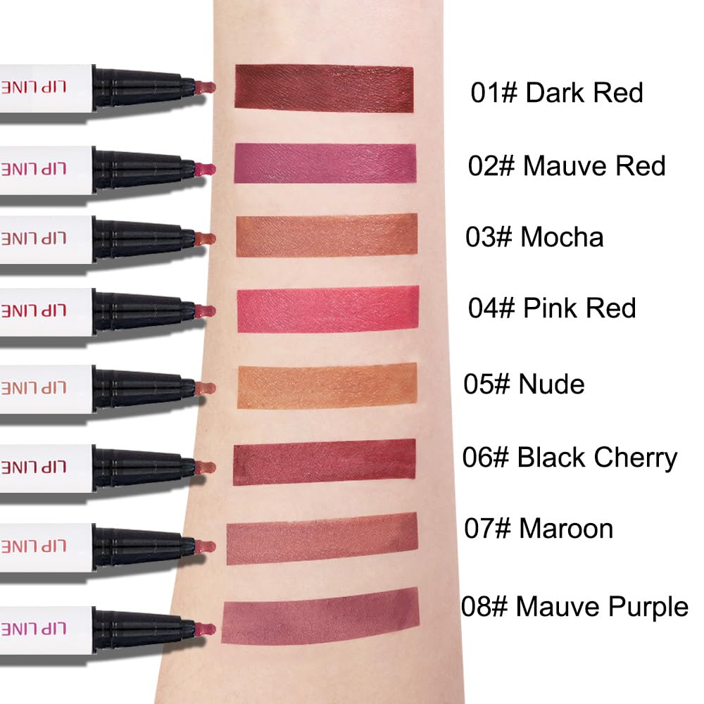 2Pcs Longwear Liquid Lip Liner Stain Marker Pen Set Long Lasting Waterproof, Dark Ruby Red Matte Semi Permanent 24 Hour Lip Liner and Lipstick Combo, Color Stay Lipliner All Day, Lips Stain peel off