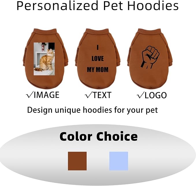 Custom Dog Hoodie, Personalized Sweatshirt with Photo Text Name Logo, Customized Hooded Sweater for Small Medium Large Dogs & Cats (Coffee, Medium)