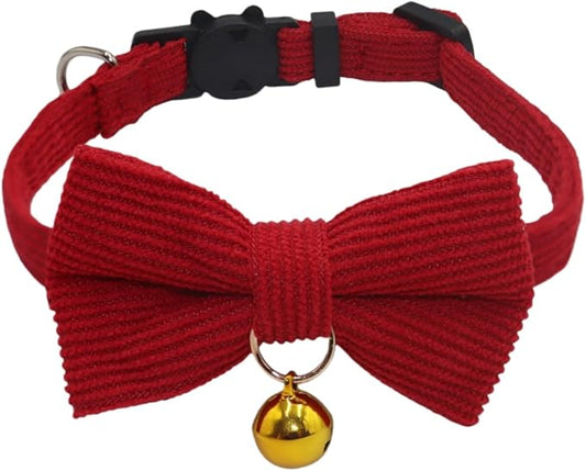 THAIN Cat Collar with Bow Tie and Bell, Breakaway Adjustable Cute Soft Corduroy Kitten Collars Safety Buckle for Girl Cats(Solid Red)