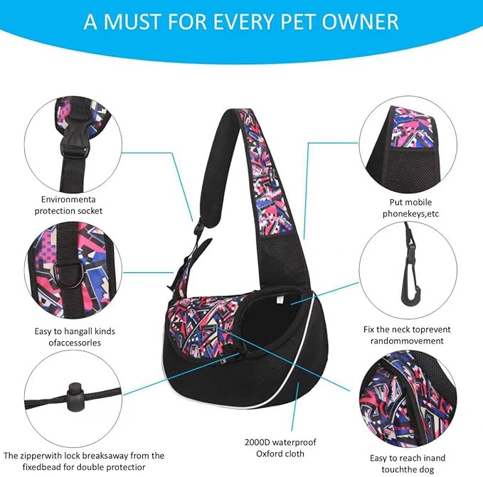 Pet Sling Carrier for Small Dogs & Cats, Mesh Travel Shoulder Bag, 10 lb Capacity, Adjustable Strap, Black with Geometric Pattern (Red camo, Medium)