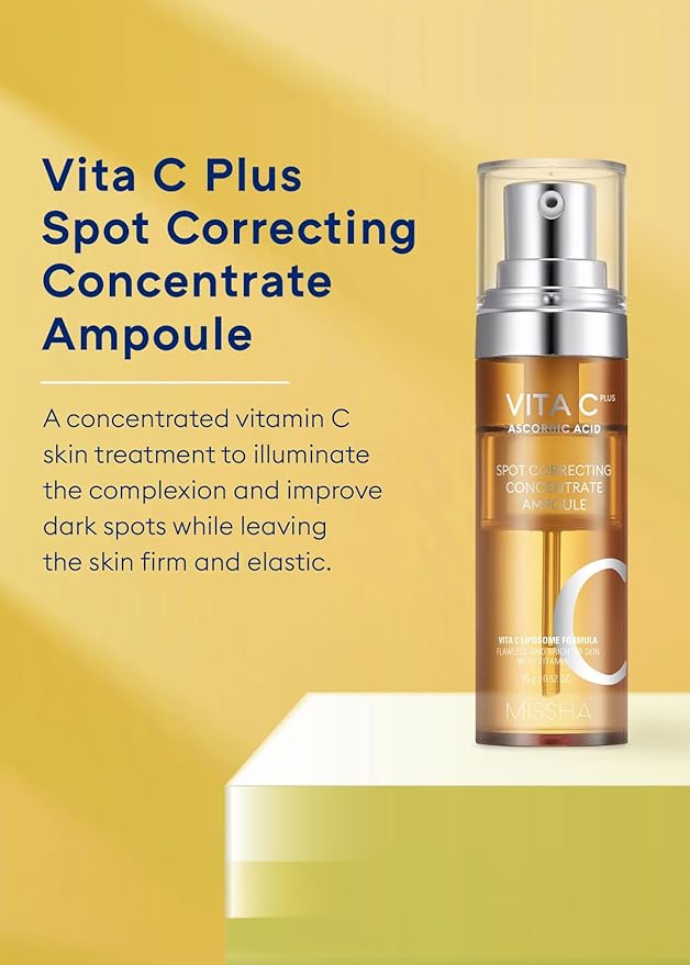 MISSHA Vita C Plus Spot Correcting Concentrate Ampoule 0.52 Fl oz/15ml, Korean Vitamin C Serum for Face, Improves Dark Spots & Firms Skin with 33% VITA C Liposome Formula
