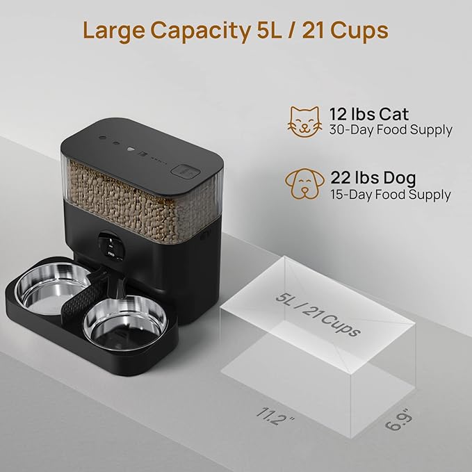 iPettie Automatic WiFi Pet Feeder for 2 Pets, 5L Capacity, 1-10 Meals Per Day, Adjustable Bowl Height, Smart Dog Cat Feeder with 2 Stainless Steel Bowls, 2.4G WiFi App Control for Cats and Small Dogs