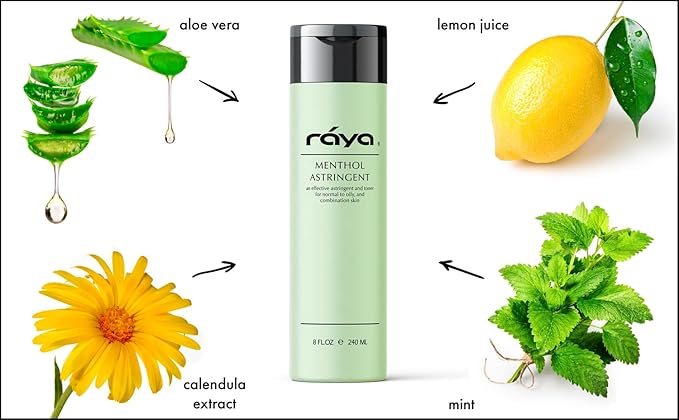 RAYA Menthol Astringent 8 oz (203) | Effective Facial Toner for Combination and Partially Oily Skin Prone to Break-Outs | Helps Refine, Tighten, and Protect pH Balance | Cools, Refreshes and Soothes