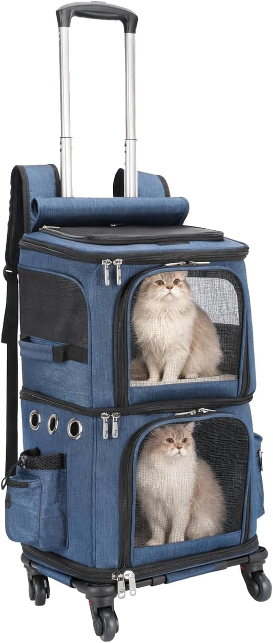 Double-Compartment Pet Carrier Backpack with Wheels for Small Cats and Dogs, Cat Rolling Carrier for 2 Cats, Perfect for Traveling/Taking a Walk/Trips to The Vet, Blue
