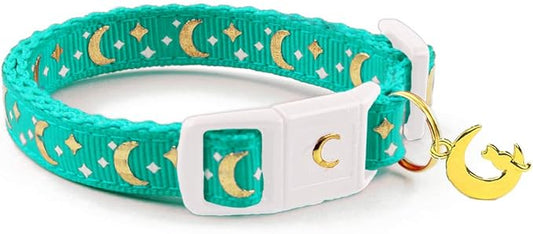 WAAAG Cat Collars, Gold Moons and Stars Cat Collar, Safety Breakaway Cat Collar, Glow in The Dark (Standard 9"-15" Neck, Aqua)