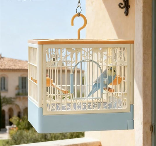 Portable Foldable Bird Cage - 360° Full View Bird Cage with Hook/Food Bowl/Perch, Slide-Out Tray for Easy Cleaning, Essential for Travel and Outings (Includes Carrying Hook)