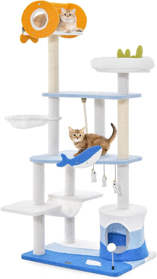 Tangkula Ocean-Themed Cat Tree, 3-Level Cat Tower with Sisal Scratching Posts, Condo, Perch, Hammock, Dangling Toys, Spring Ball, Sisal Rope, Cute Cat Activity Center for Indoor Cats (66 Inch)