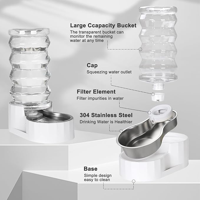 RIZZARI Large Gravity Water Dispenser: 8L Automatic Water Feeder with Stainless Steel Bowl - Two Caps and Filters for 30-60 LB Dogs with Spinal Issues - for Living Room Garage