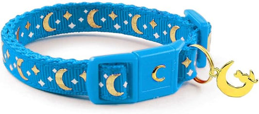WAAAG Cat Collars, Gold Moons and Stars Cat Collar, Safety Breakaway Cat Collar, Glow in The Dark (Kitten 6.5"-10" Neck, Royal Blue)