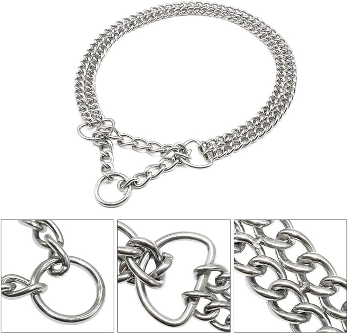 Silver Dog Choker Collar,2 Rows Stainless Steel Dog Chain Cuban Link Metal Martingale Collar Heavy Duty Training Choke Collar for Small Medium Large Big Breed (Silver, L(Neck Max 20inch) D3.0mm)