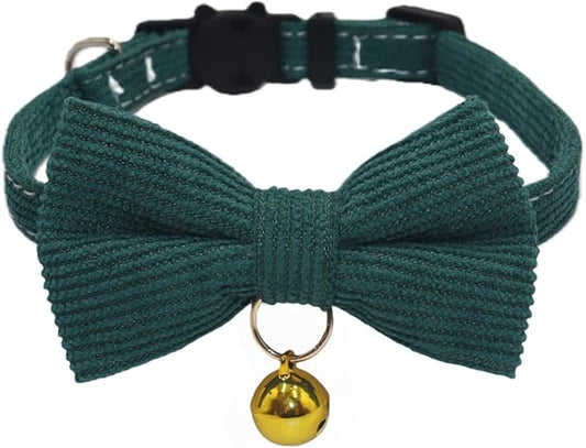 THAIN Cat Collar with Bow Tie and Bell, Breakaway Adjustable Cute Soft Corduroy Kitten Collars Safety Buckle for boy Cats (Solid Dark Green)