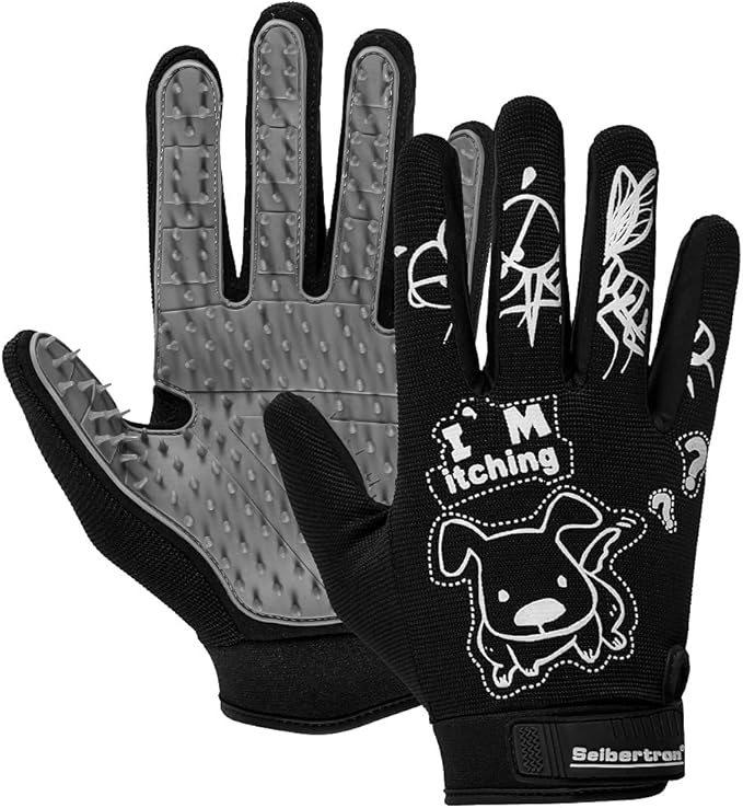 Seibertron Patented P.G.M.G-1 Pet Hair Remover/Deshedding Grooming Gloves Seven Sizes Fit All Works for Dogs, Horses, Cats and Other Animals Short Fur(1-Pair) Adult Black XXL
