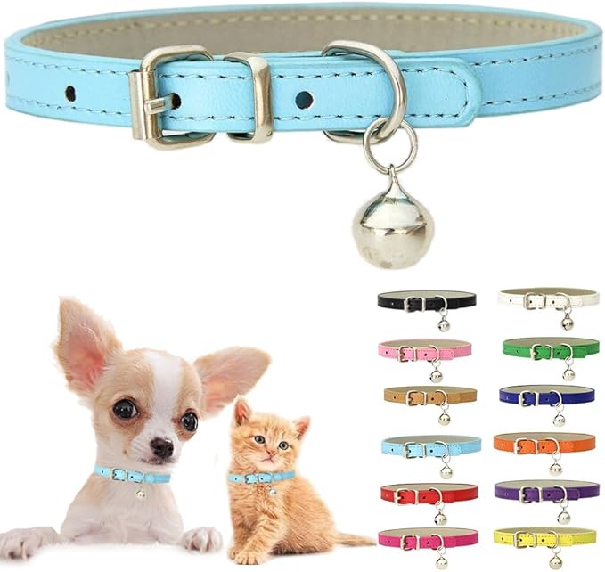 Blue XXS Dog Collar with Bell, Soft Pu Leather Cat Collars Adjustable Buckle for XS Extra Small Medium Tiny Female Male Boys Girls Pets Puppy Kitten Teacup Yorkie XX-Small