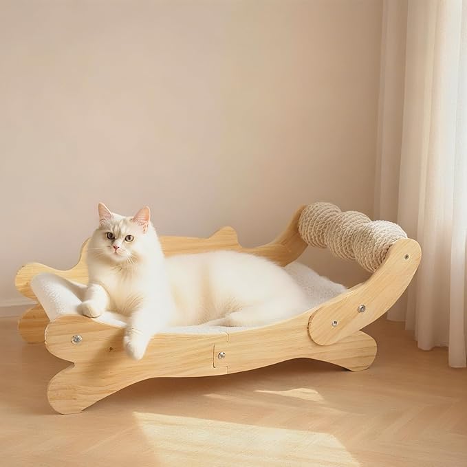 Cat Scratcher Bed for Indoor Cats | 3-in-1 Scratching Post & Hammock Lounge with Wooden Perch, No-Tip Stable Base for Small/Medium/Large Cats ，Durable Scratch Pad & Cat Furniture (Easy Assembly)