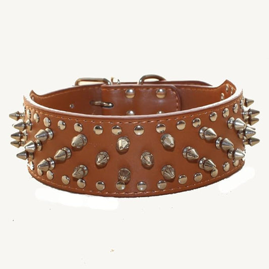 Serijoars Spiked Studded Dog Collar, PU Leather Dog Collar, Adjustable Pet Collars for Medium or Large Breed Pet (L, Light Brown)