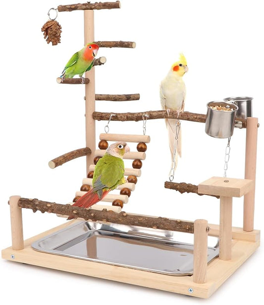 Wontee Bird Playground Wooden Bird Perch Stand Ladder Swing with Removable Tray & Feeding Cups for Budgies Parakeets Caique Senegal Cockatiels Conures