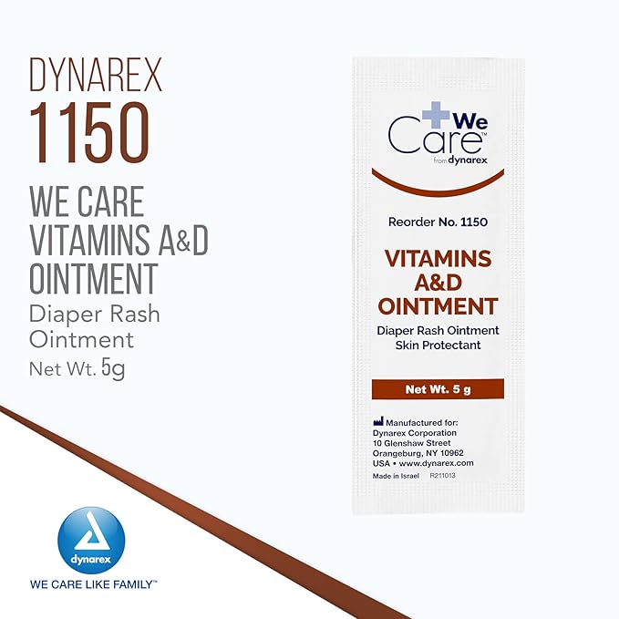 Dynarex Vitamins A & D Ointment, Ointment with Vitamin A and Vitamin D Skin Protectant, for Diaper Rash and Discomfort, White, 1 Box of 144-5g Packets