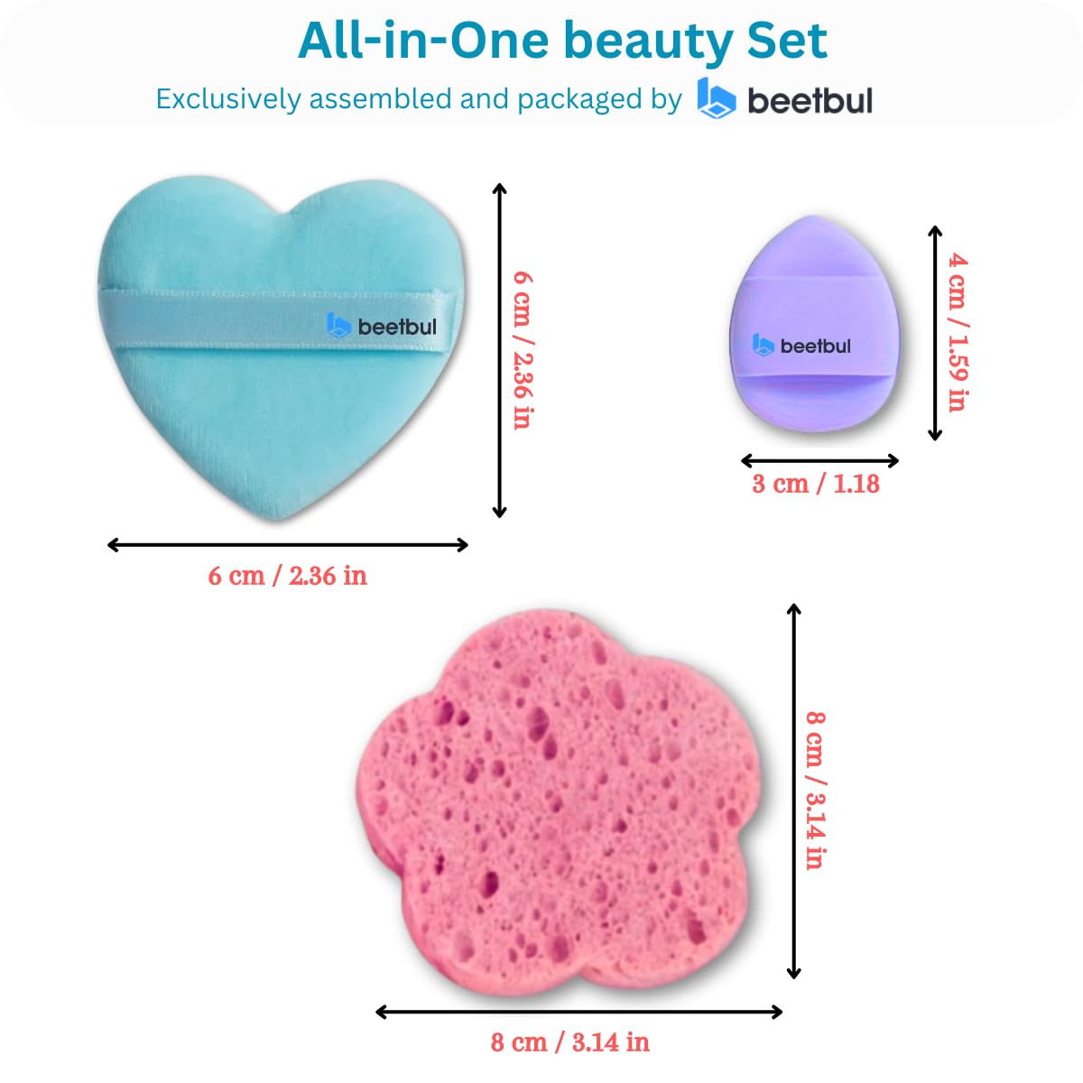 Beetbul Makeup & Exfoliation Kit - Bissú Compact Powder + 1 Medium Velvet Puff + 2 Finger Puffs + 1 Facial Exfoliating Sponge (09 Shell Beige, One Size)