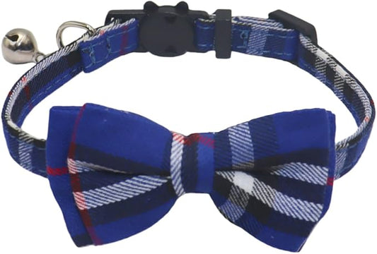 THAIN Cat Collar Breakaway with Bell and Bow Tie Safety Buckle Blue Plaid Pattern Adjustable 7-11 inches for Kitten Cats(Blue Plaid)