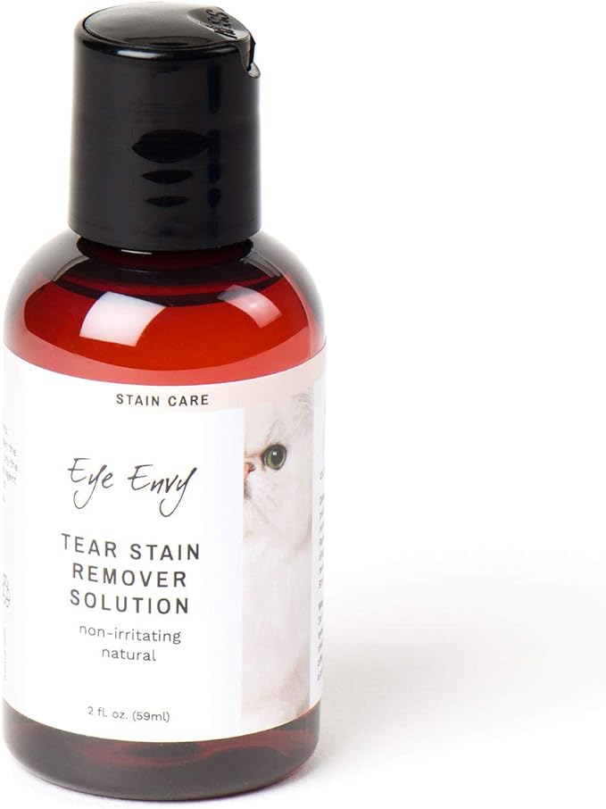 Eye Envy Tear Stain Remover Solution for Cats. 100% Natural, Safe. Treats The Cause of Stains. Recommended by Breeders, Vets, Groomers. Remove Eye Stains from Persians and Exotics. 2 oz. Made in USA
