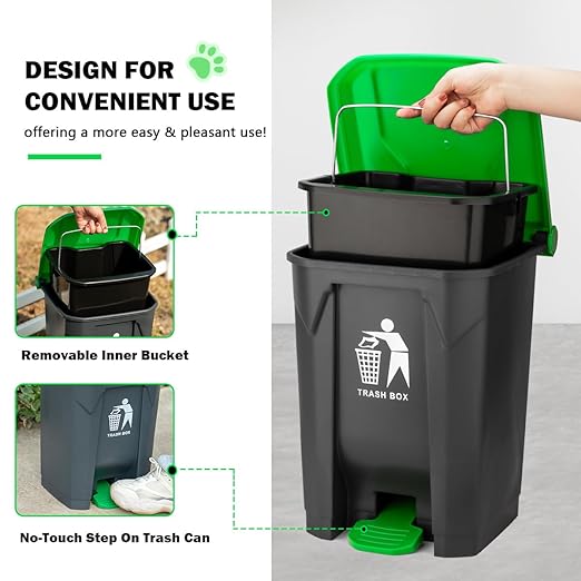 MXF Pooper Scooper Set - 28" Dog Pooper Scooper & Long Handle Stainless Metal Tray&Rake, 15 Litre Step Dog Poop Trash Can w/Removable Inner Bucket, 20 Waste Bags for Outdoors